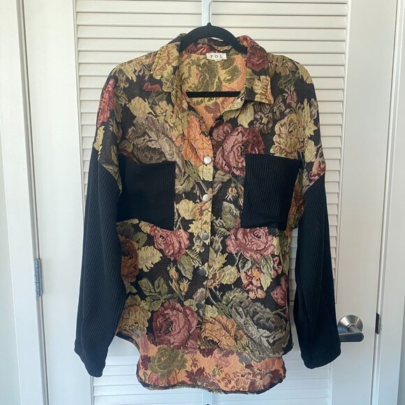 POL Floral Tapestry Oversized Shacket, Black Earthy, Size S - Picture 1 of 6